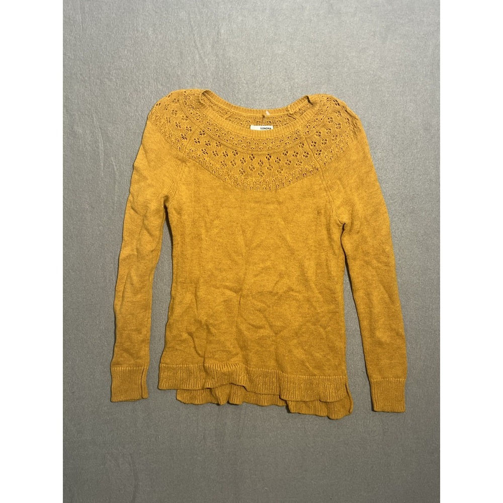 Sonoma Women's Small S Mustard Yellow Gold Open‎ Knit Yoke Pullover Sweater